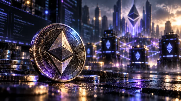 Ethereum Glamsterdam Sepolia upgrade shown by an ETH coin beside a testnet screen checking proposer, builder and ePBS