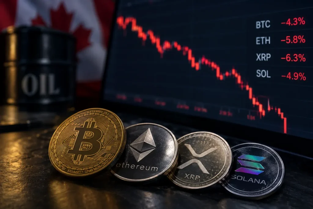 Crypto prices falling today shown on a red trading chart with Bitcoin, Ethereum, XRP and Solana price drops (