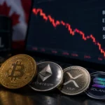 Crypto prices falling today shown on a red trading chart with Bitcoin, Ethereum, XRP and Solana price drops (