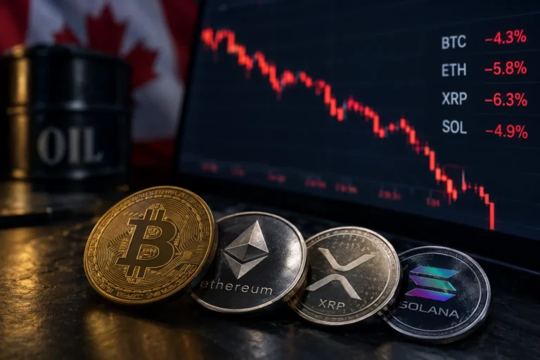Crypto prices falling today shown on a red trading chart with Bitcoin, Ethereum, XRP and Solana price drops (